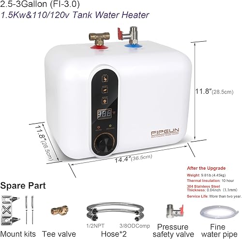 Miniatura 5 de Calentador eléctrico de agua caliente de 110120 V, tanque compacto pequeño, Rv Tr 2.5-3.0 galones remolque 1440-1500 W cocina instantánea debajo del