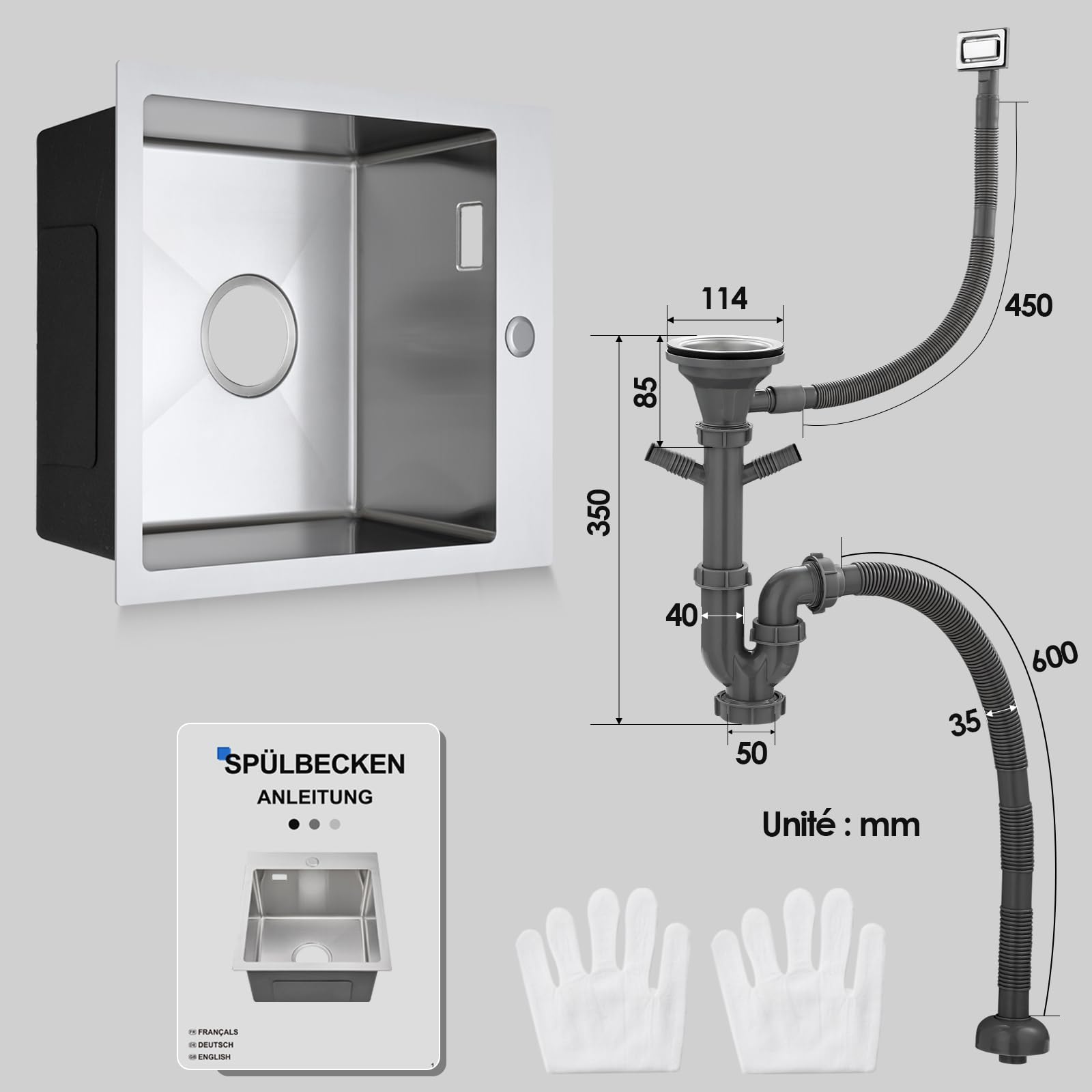 ROVOGO 50 x 38 cm Evier Cuisine en 304 Acier Inox, Kit de Vidage d'évier de Cuisine avec Trop-plein, Évier de Cuisine avec Trous pour Robinet, Lavabo Cuisine 1 Bac Brossée