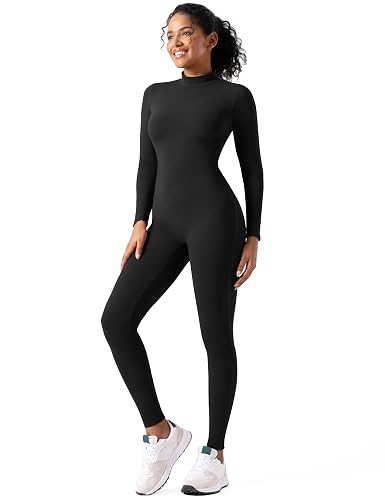 speerise Long Sleeve Bodysuit One Piece Bodycon Tummy Control Jumpsuits | Turtleneck Romper with Pants, High Neck Full Bodysuit, Zip Up Unitard,Workout, Yoga, Gym, Halloween Costume, Versatile Wear - Small - Black
