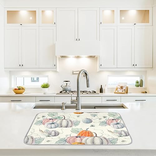 Miniatura 6 de Tapete de secado de platos de calabazas otoñales para encimera de cocina, de 18 x 24 pulgadas, color gris de cosecha de Acción de Gracias, color
