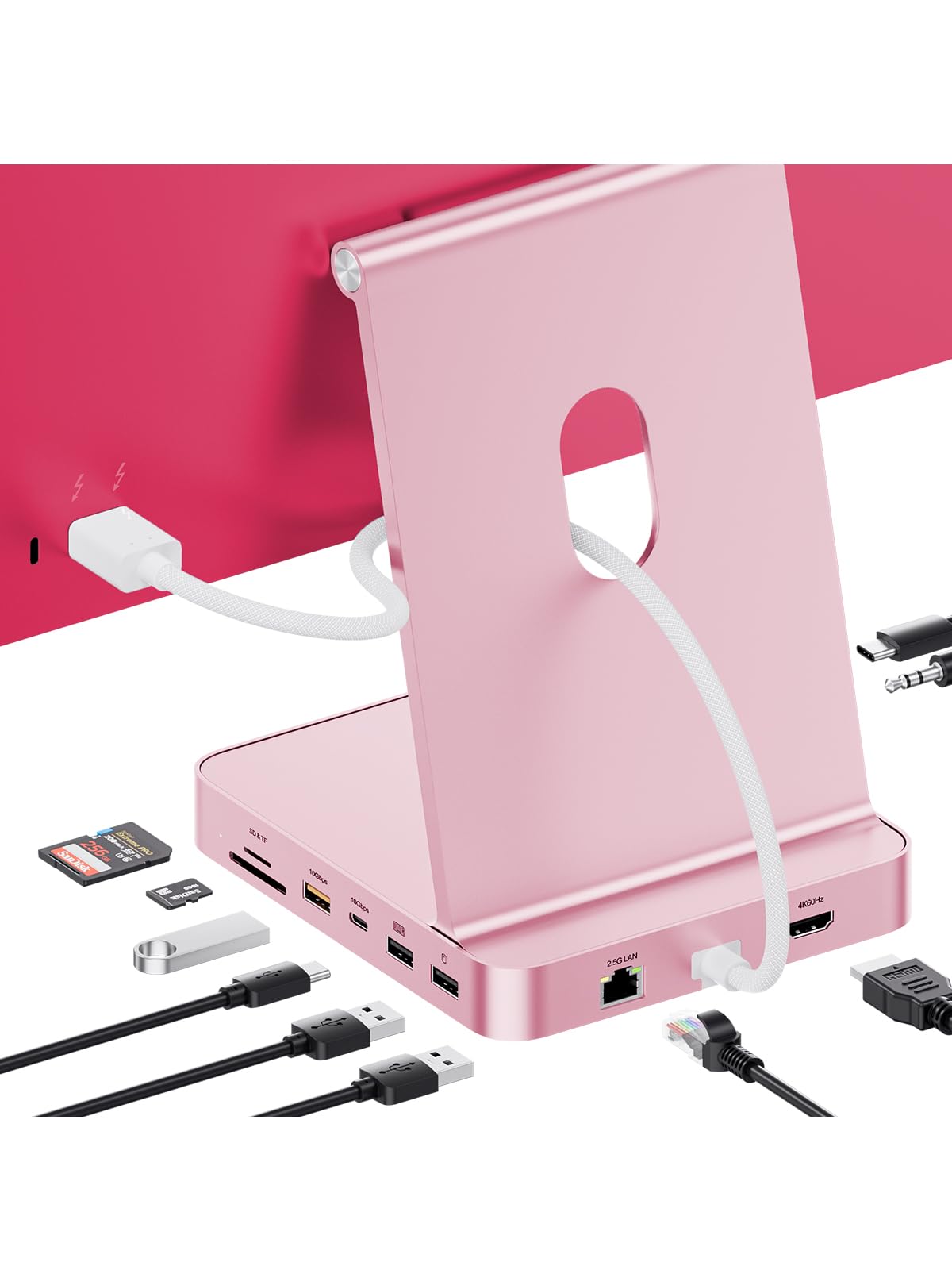 Koncentrator USB C 11 w 1 do iMac 24" M1/M3/M4 z obudową NVMe 4TB SSD | PULWTOP Koncentrator iMac z 4K 60Hz HDMI, 2,5 GbE, USB A/C 10 Gbit/s, SD/TF, audio do iMac 24" 2021-2024 - różowy
