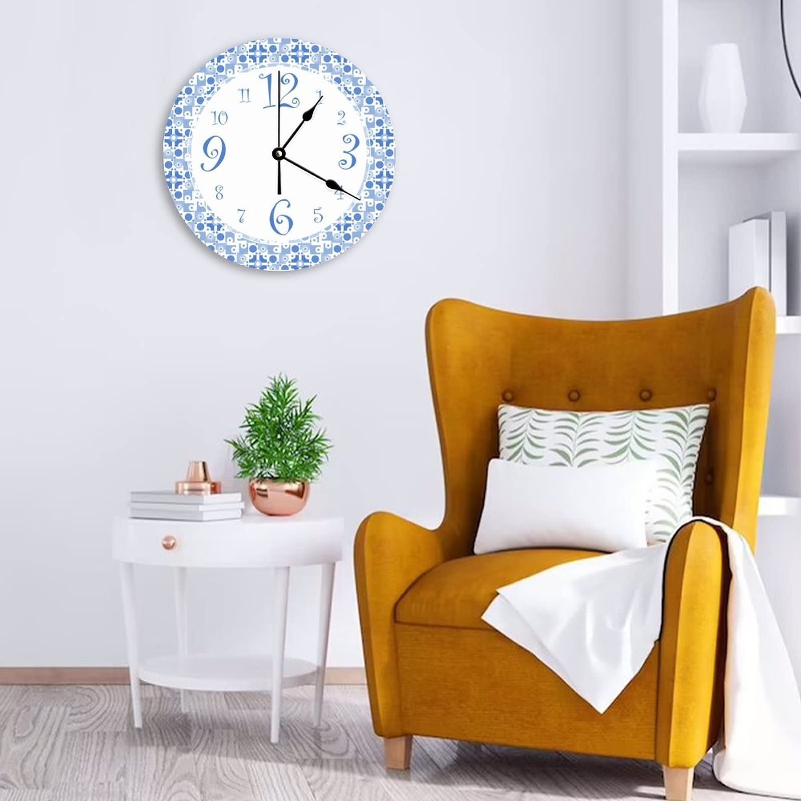 Decoratieve Stille Geen tikkende Wandklok Fun Retro Blauw en Wit Ronde Moderne Houten Klokken voor Slaapkamer Woonkamer Thuiskantoor School Muur Art Decor, 38 X 38 CM
