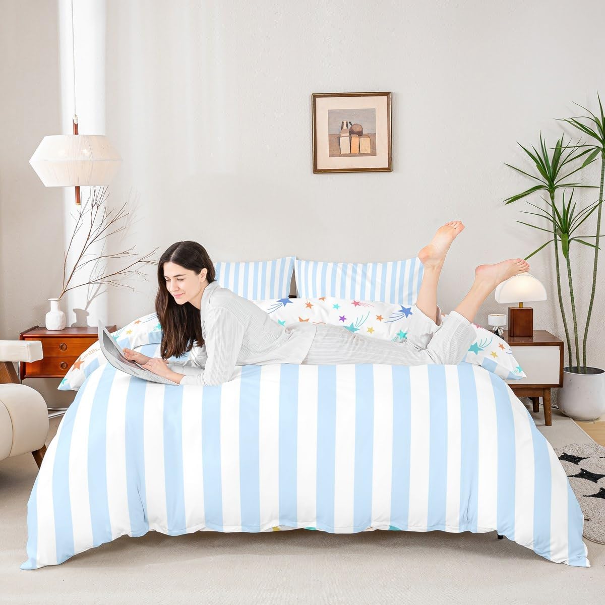 Feelyou White Blue Striped Duvet Cover Twin Size Striped Bedding Set for Boys Girls Geometric Comforter Cover Basic Simple Bedroom Decor 2Pcs No Comforter 1 Pillowcase