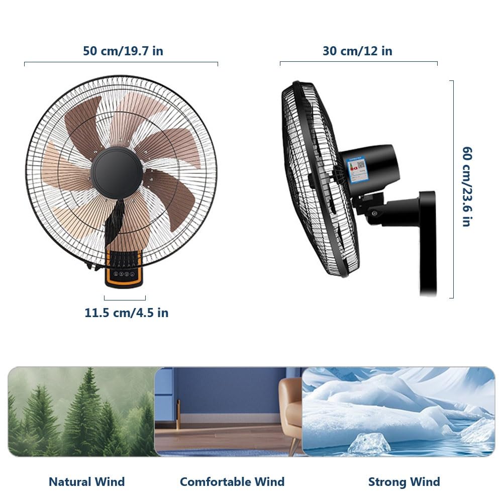Ventilatore da Parete Oscillante da 50cm con Telecomando e Timer 12h | Ventilatore con 3 Velocità, Pale in Alluminio, Pannello Comandi per Casa Camera Letto e Garage