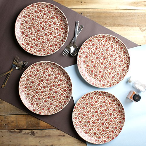 Image of Miah Decor Handcrafted Ceramic /Stoneware Dinner Plates Set-Pack of 4 |Red Flower Matte Floral Design|Dia-10 |Microwave,Oven,Freezer & Dishware Safe |MD-152AF