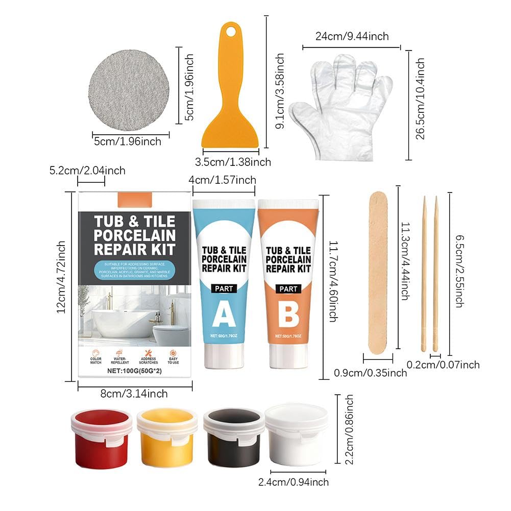 Kit di riparazione per vasca, smalto, fibra di vetro, acrilico, porcellana, ceramica, marmo, granito, scheggiature, ammaccature, crepe, buchi, graffi
