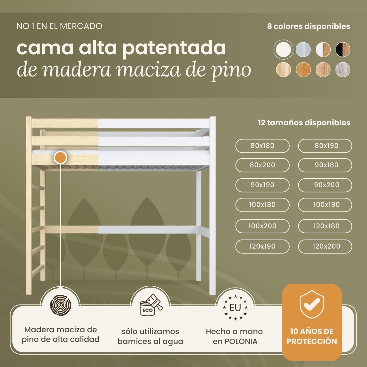 N01 Cama Loft 90x200 cm, 100% Madera Maciza, Cama Alta para niños y Adultos, Escalera Universal: Derecha o Izquierda, Somier Incluido, Sin Tornillos salientes, Hecho a Mano, Blanco