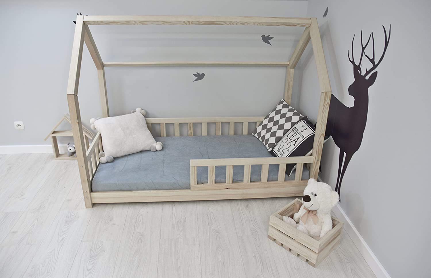 Lettino per bambini con protezione anti-caduta, in legno naturale, con o senza materasso da 10 cm, (80 x 180 cm, senza materasso)