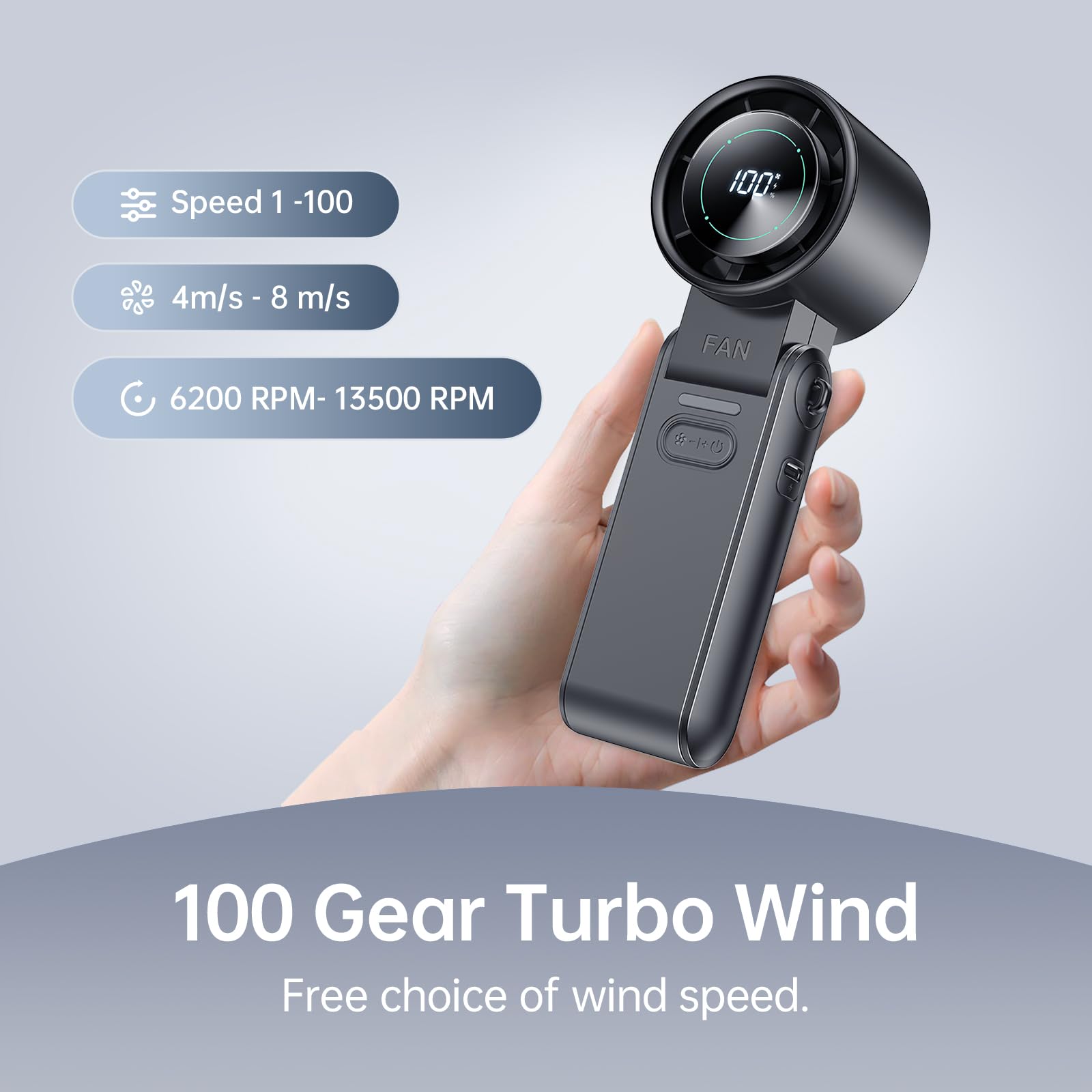 Ventilador turbo portátil 3 en 1, 100 velocidades, 13500 RPM, refrigeración de 12 horas, pantalla digital, rotación de 120°, mini ventilador personal recargable por USB para viajes, maquillaje 3