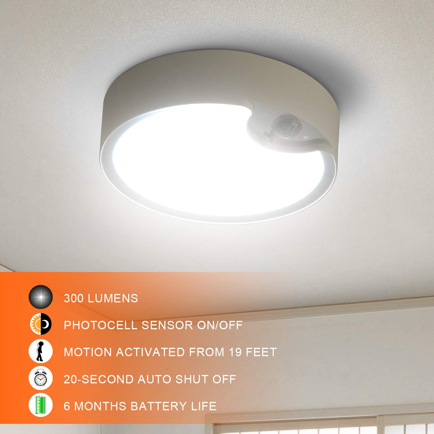 TOOWELL Motion Sensor Ceiling Light Battery Operated Indoor/Outdoor LED