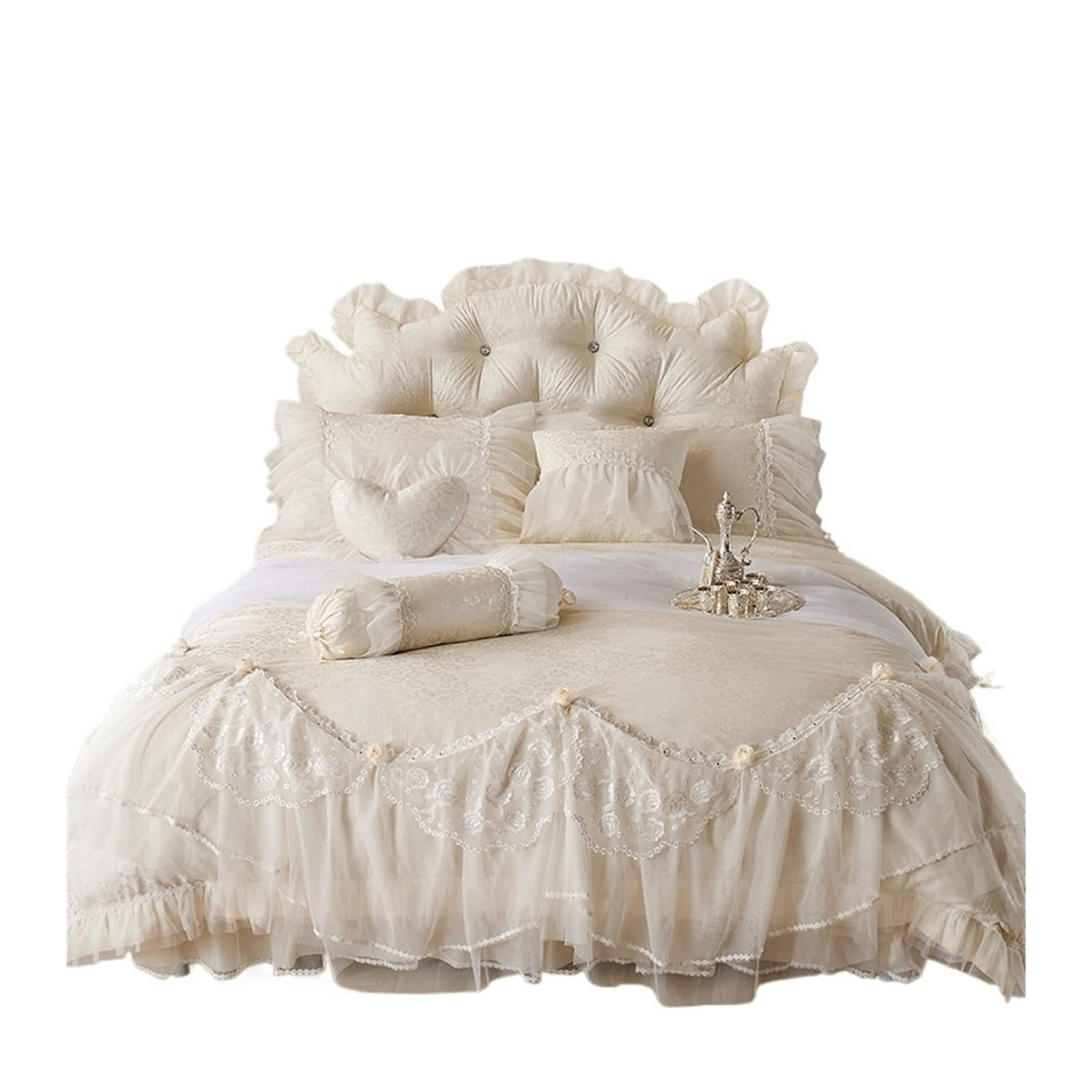 GCYEIDMA Ruffle Duvet Cover Jacquard Satin Cotton Duvet Cover Sets Lace Embroidery Bedding Set Ruffles Bedclothed Bed Skirt Pillowcases(BEIGE,BED SKIRT STYLE_FULL SIZE 1.5M 4PCS)