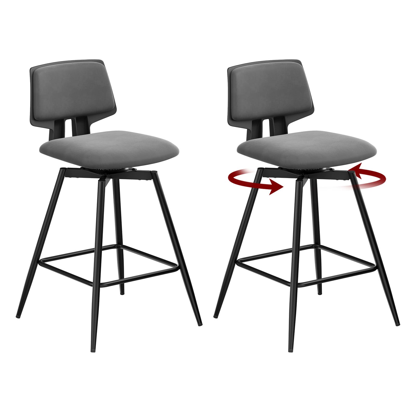 WOLTU High Stools Set of 2, 360° Swivel Velvet Kitchen Stools with Back, Footrest and Metal Legs, for Bar, Cafe and Counter, Dark Grey