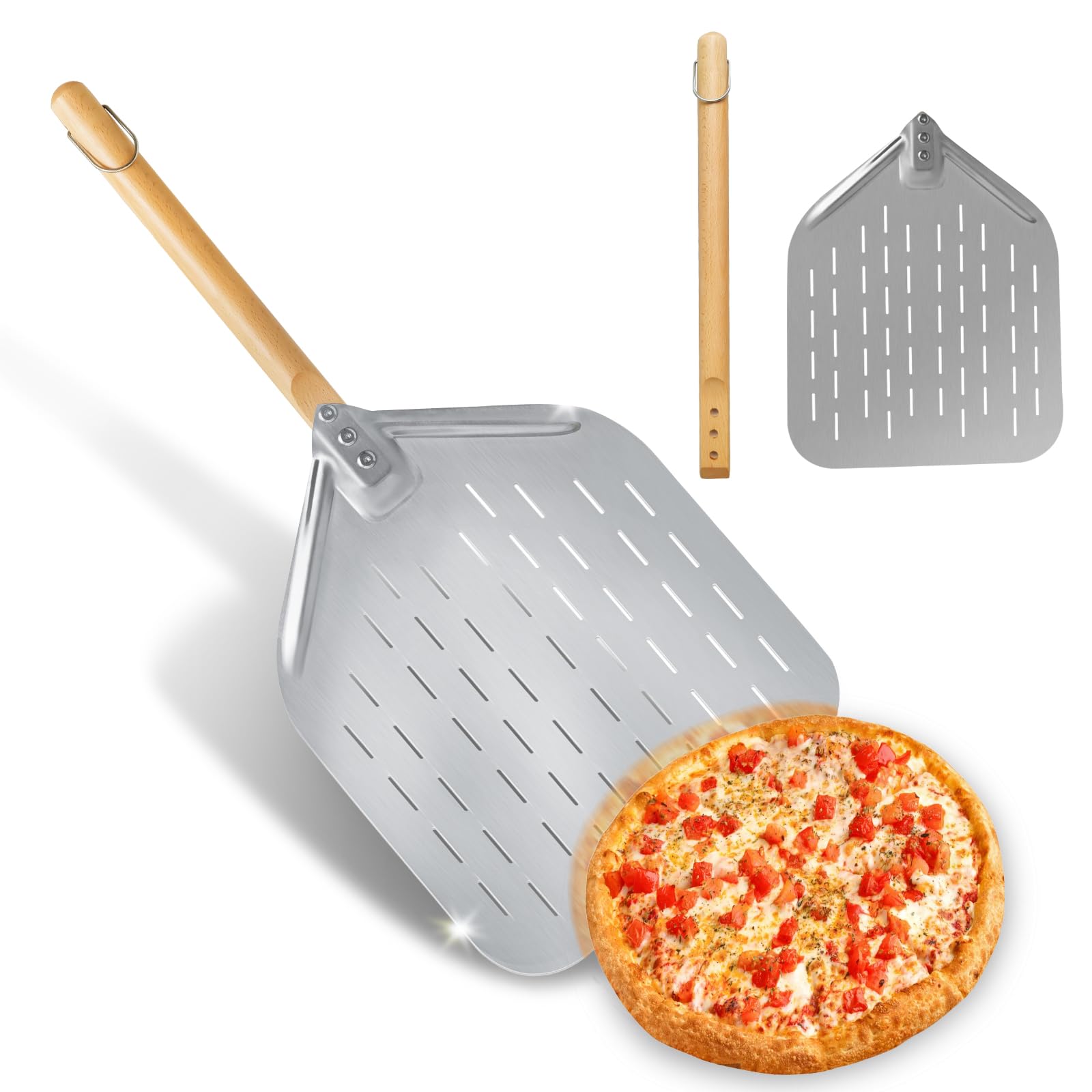 Pelle à Pizza Perforée, Professionnelle Pelle à Pizza avec Poignée, Coupe à Pizza en Acier Inoxydable, pour la Cuisson de Pizzas, Pain, 39×30.5 cm, Longueur totale 74 cm