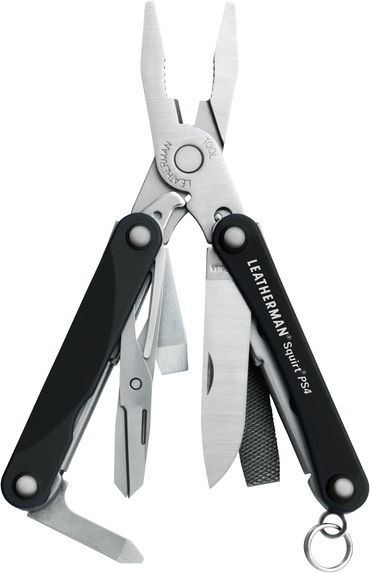 LEATHERMAN, Squirt PS4 Keychain Multitool with Spring-Action Scissors and Aluminum Handles, Built in the USA, Black