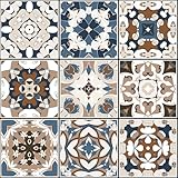VaryFloral Moroccan Faux Tile Wallpaper Peel and Stick Blue Brown Bohemian Mexican Wallpaper Removable Vintage Retro Contact Paper 12'x118' Self Adhesive Antique Vinyl Wall Paper for Kitchen Cabinet