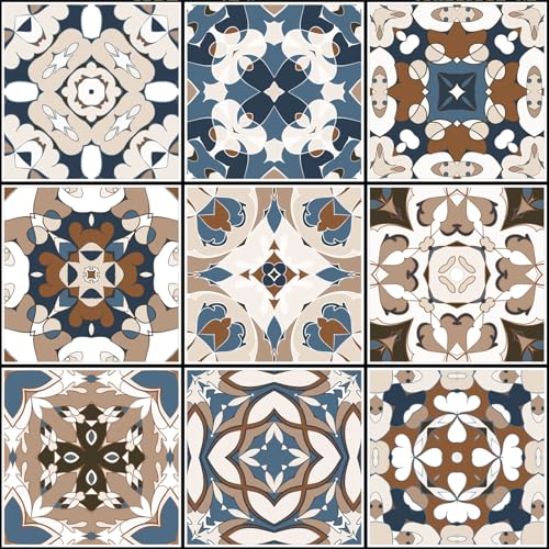 VaryFloral Moroccan Faux Tile Wallpaper Blue Brown Bohemian Mexican Wallpaper