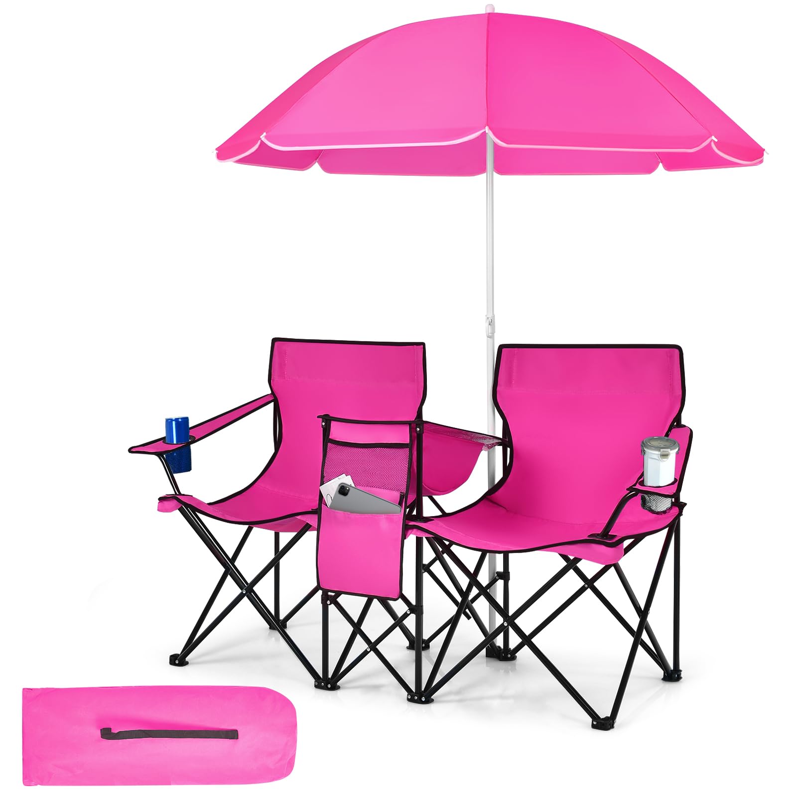 Sedia Pieghevole Doppia Da Campeggio Con Ombrellone Regolabile, Portabevande E Borsa Frigo, Portata 300 Kg, In Oxford, Blu, Per Spiaggia E Picnic