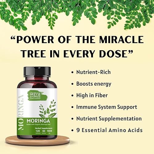 Vista 6 de Cápsula de Moringa de 1000 mg (120 cápsulas), cápsulas de polvo de moringa hechas de polvo de hoja de moringa orgánica Nutrición integral sin OMG