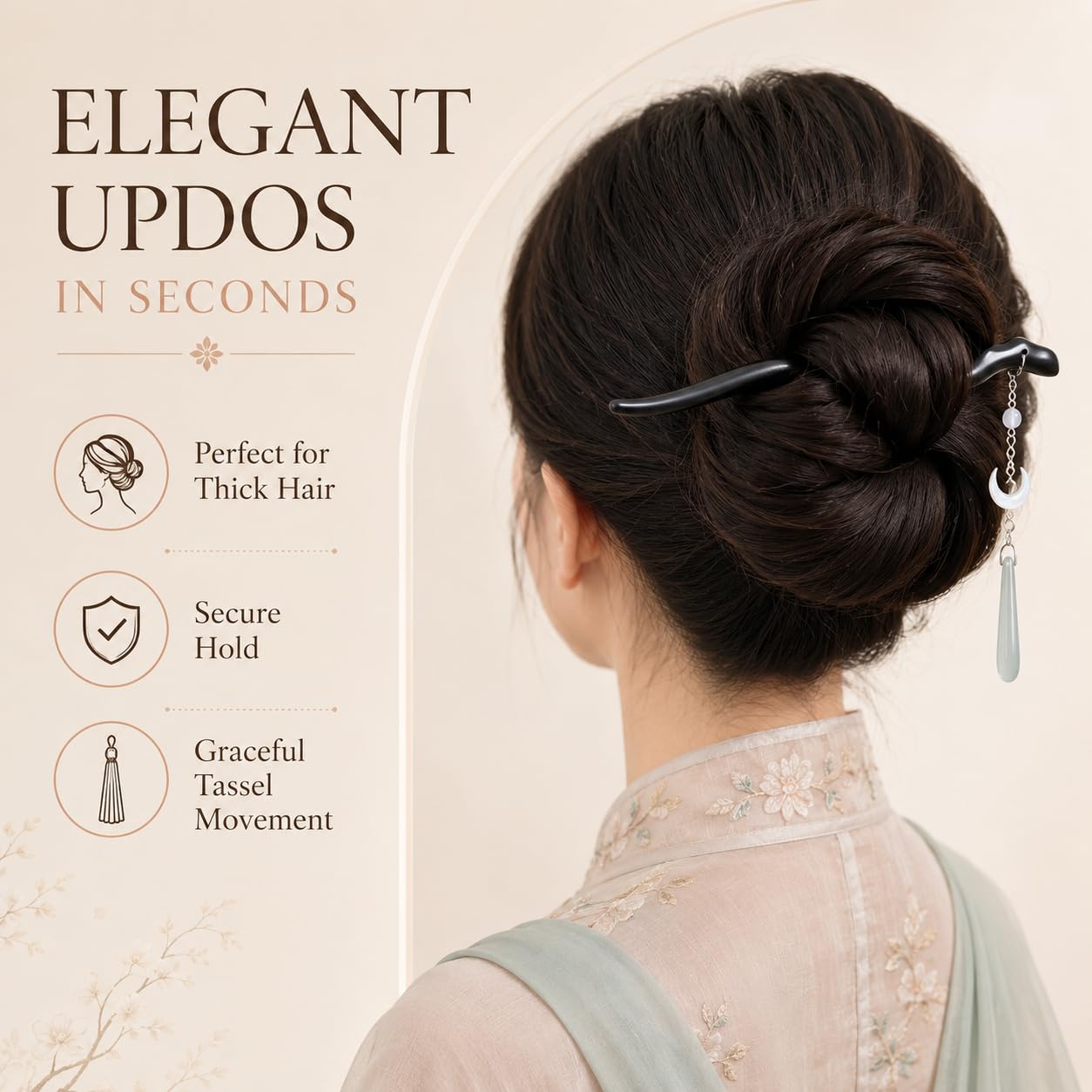 Black Hair Stick with Ornament and Tassel for Updos ，C image 3