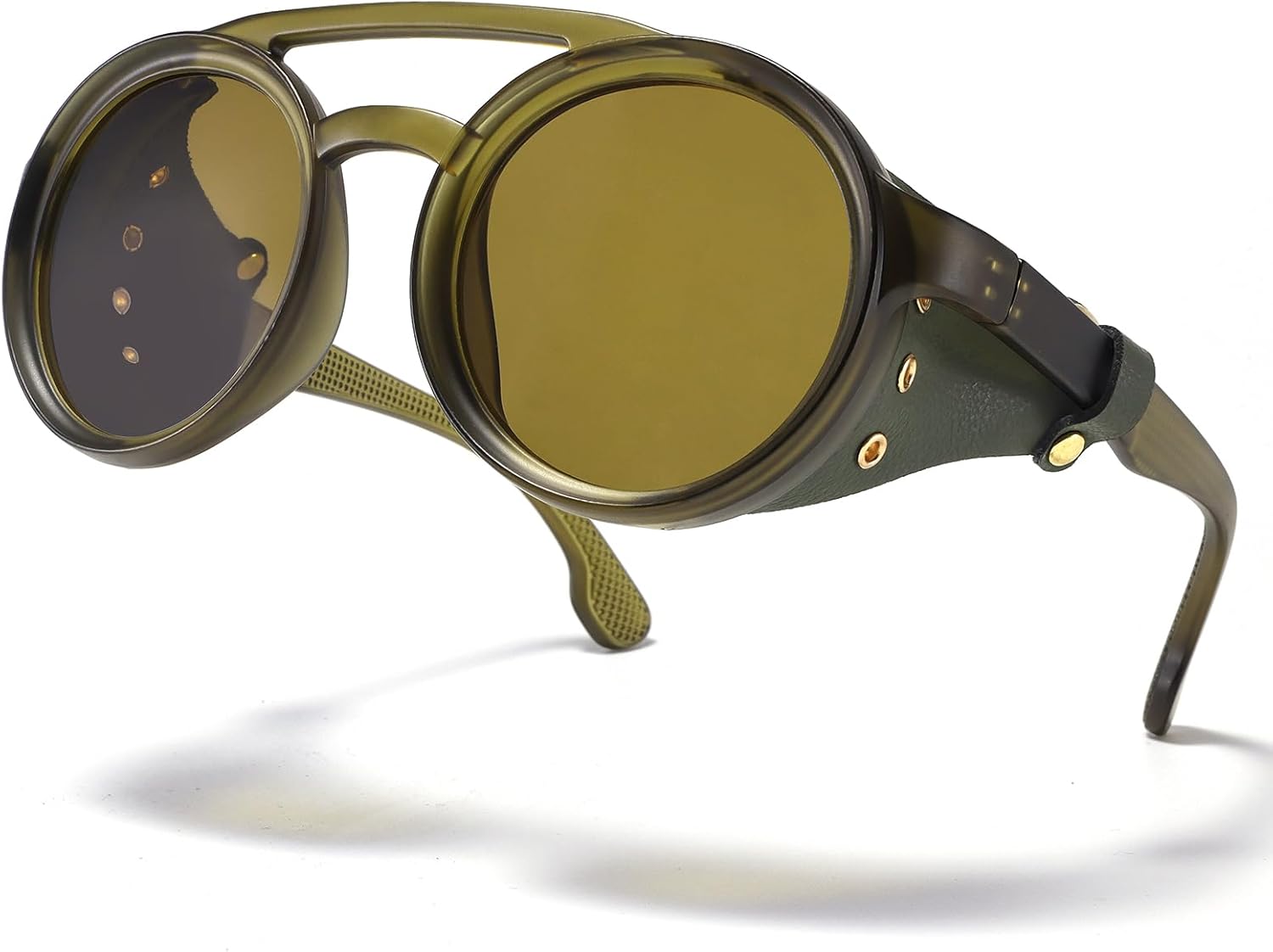 Polarized Round Steampunk Sunglasses with Leather Side Double Bridge Shield Retro Eyewear for Men Women - Image 3