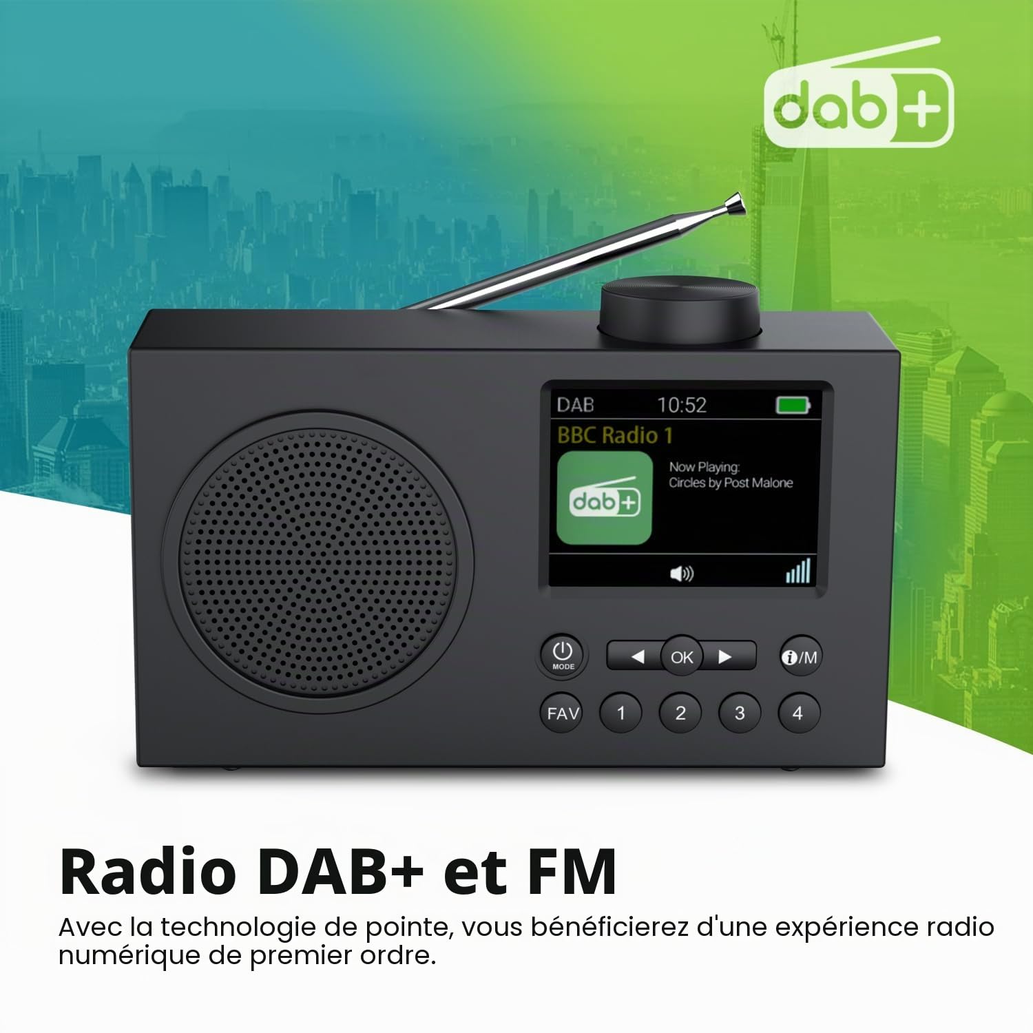 Radio DAB Monodeal avec Bluetooth, DAB+ et FM, Écran TFT 3" Rechargeable, Noir