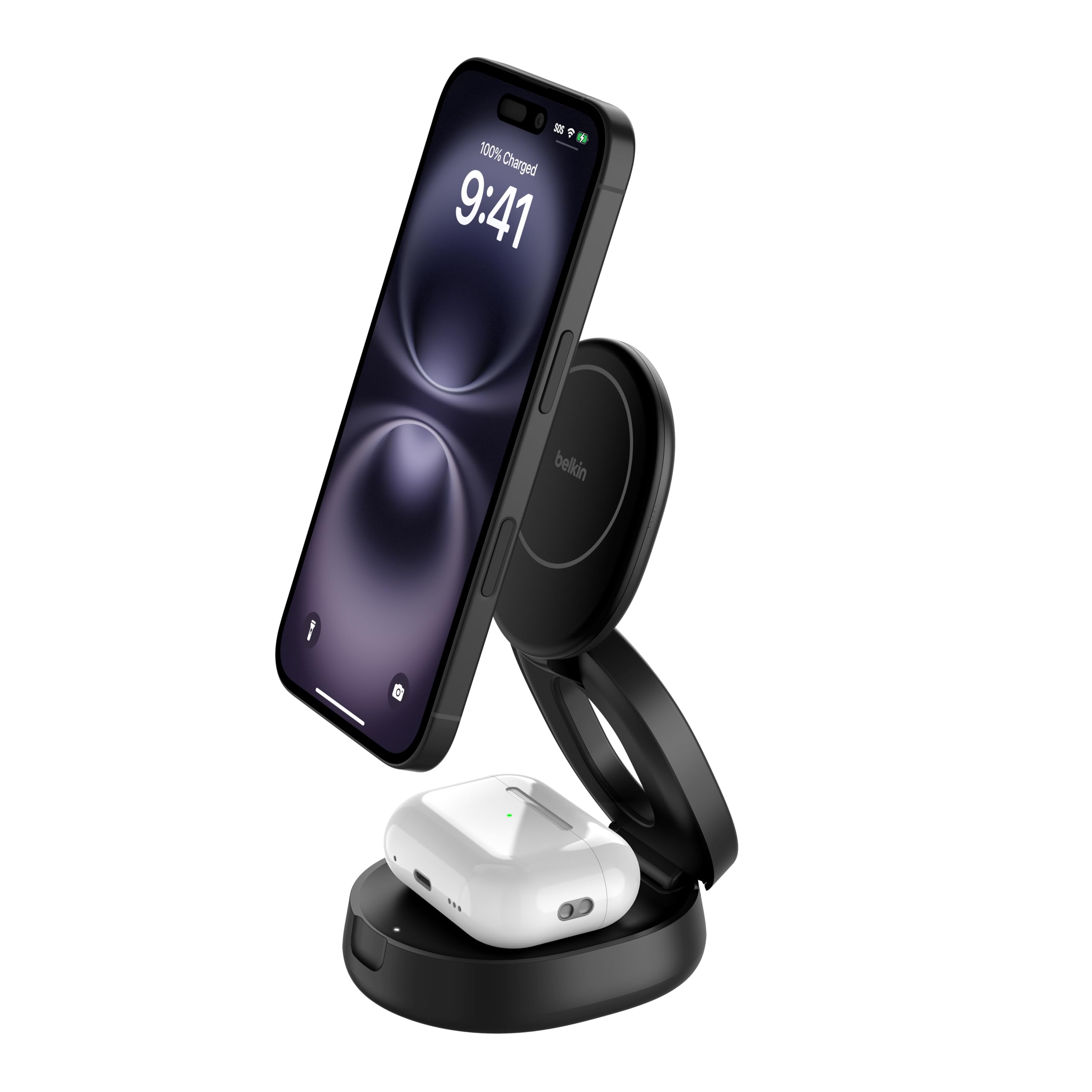 Belkin 2 in 1 Caricatore Wireless, Stazione di Ricarica Wireless 15 W, Caricatore Qi2 con MagSafe per iPhone 16 e AirPods, base piena antiscivolo, alimentatore da 30W - Nero