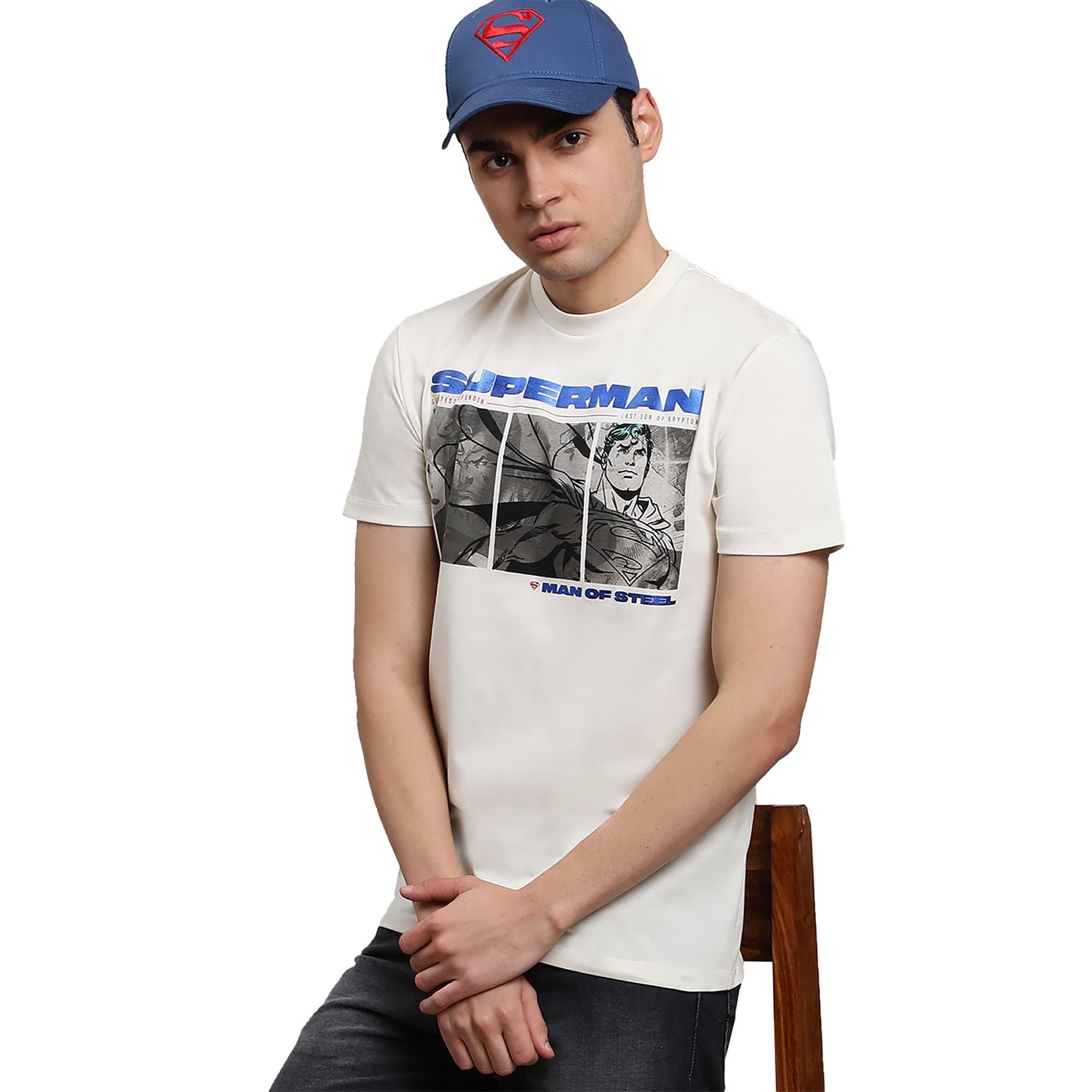 Free Authority Superman Printed Regular Fit Off White Cotton Men's T-Shirt