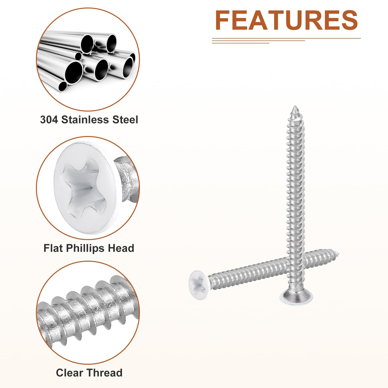 DTGN 50Pcs ST3.5x35mm Flat Head Wood Screws, 304 Stainless Steel White Phillips Self Tapping Screws - Image 4