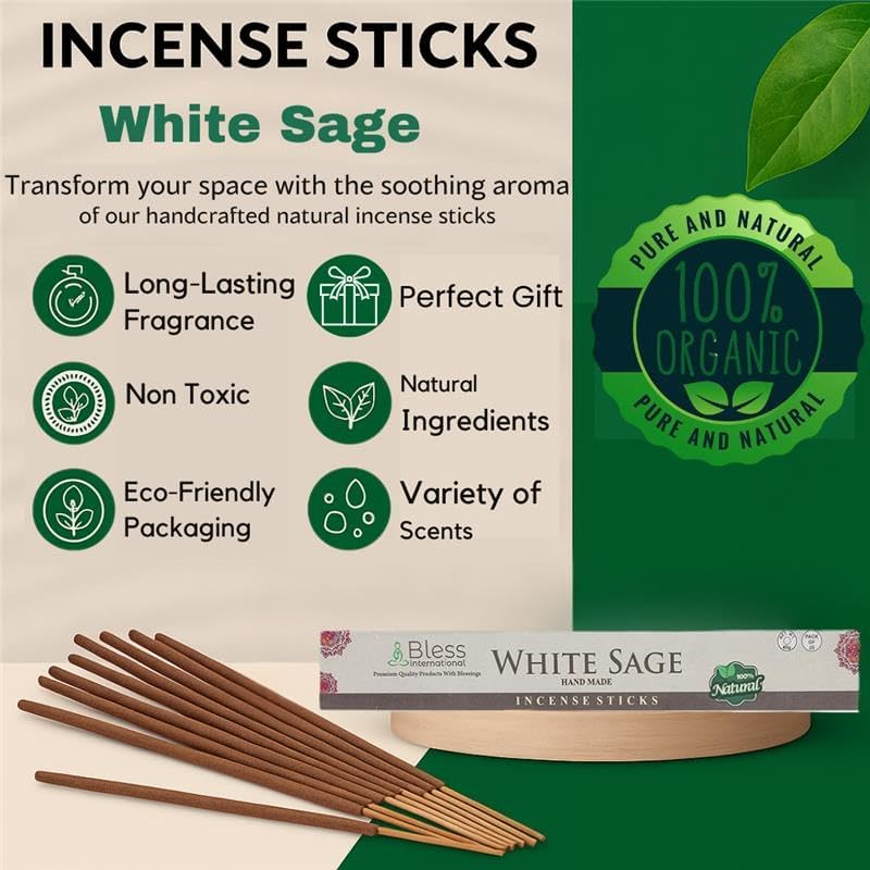 Bless-White-Sage 100%-Natural-Handmade-Hand-Dipped-Incense-Sticks Organic-Chemicals-Charcoal-Free Purification-Relaxation-Positivity-Yoga-Meditation Best-Woods-Scent (100 Sticks (5.25 OZ)) - Image 4