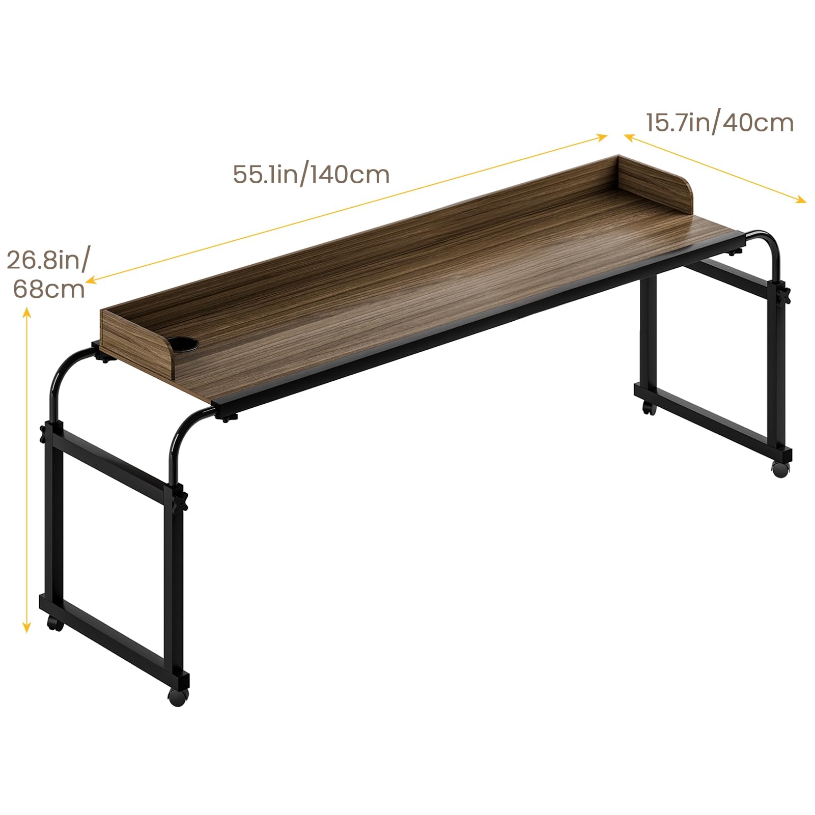 Table de lit 40 cm avec déflecteurs, porte-gobelet, longueur réglable en hauteur, king size, table de lit pour ordinateur portable, avec roues à 360 degrés, 120 cm - gihusrzx