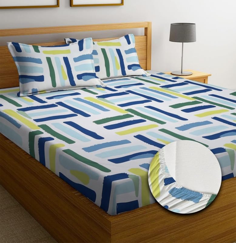 Luxury Trends 210 TC Super Soft Cotton Feel All Around Elastic Fitted Bedsheets King Size, Premium Fitted Bedsheets King Size for Double Bed with 2 Pillow Covers, Size- 78” x 72” (Green White Stick) (B0CQFSH82R) Amazon Price History, Amazon Price Tracker