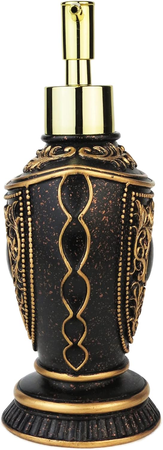 Vintage Soap Dispenser with Baroque Decor - Resin - Black and Gold Painted Lotion Dispenser for Bathrooms, Kitchen Counters, Beauty Shops, Hotels (10 oz/300 ml, Black & Gold) - Image 3