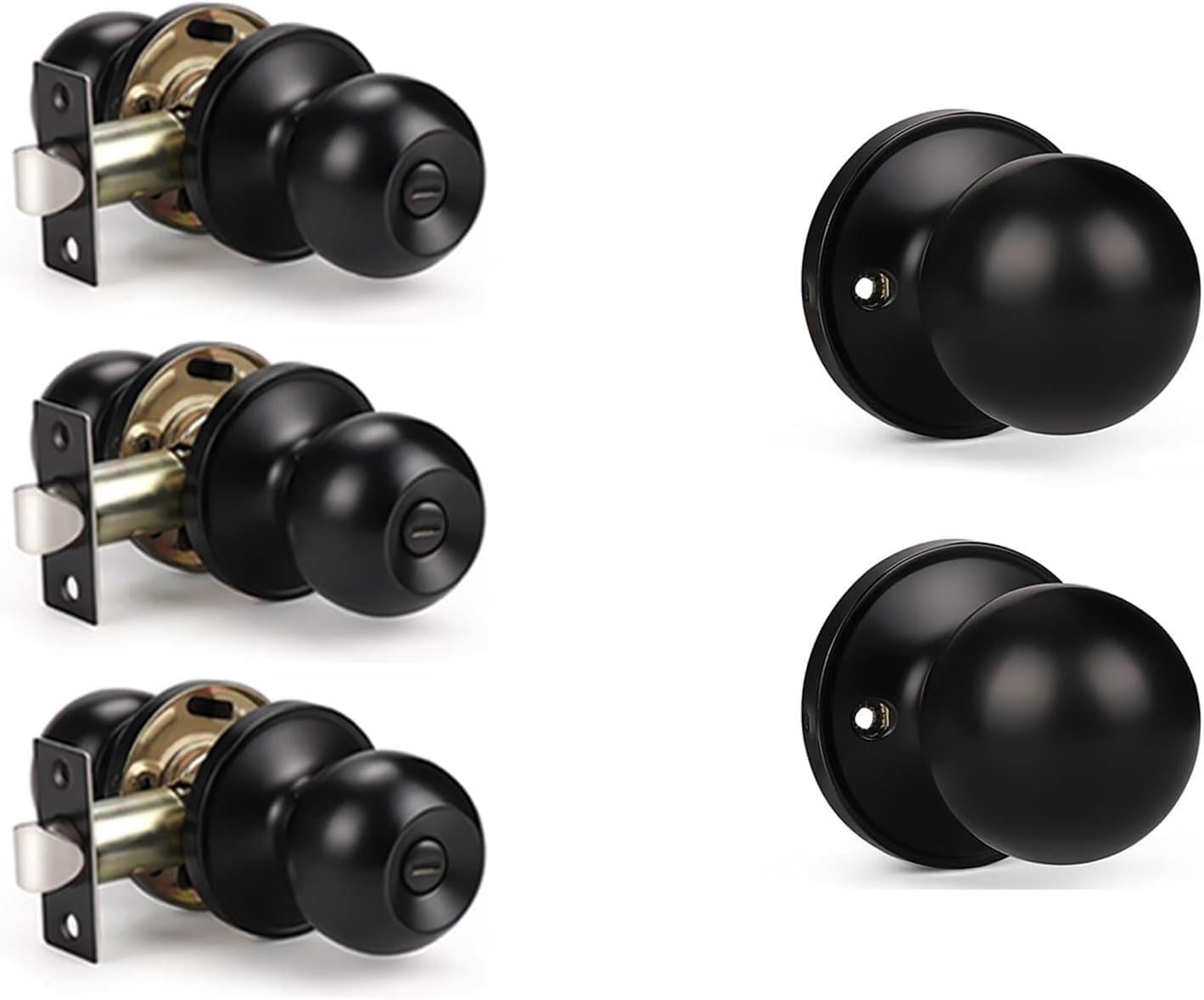 KNOBWELL 3 Pack Privacy Door Knobs and 2 Pack Dummy Door Knobs, Matte Black Keyless Interior Door Konbs for Bedroom Bathroom and Closet Hallway Door