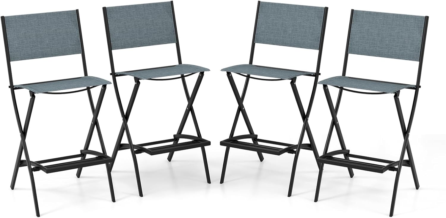 COSTWAY Outdoor Patio Bar Chair Set of 4, Folding Bar Height Stool with Metal Frame & Footrest, Patio Bar Stool for Balcony, Garden & Poolside (4, Blue)