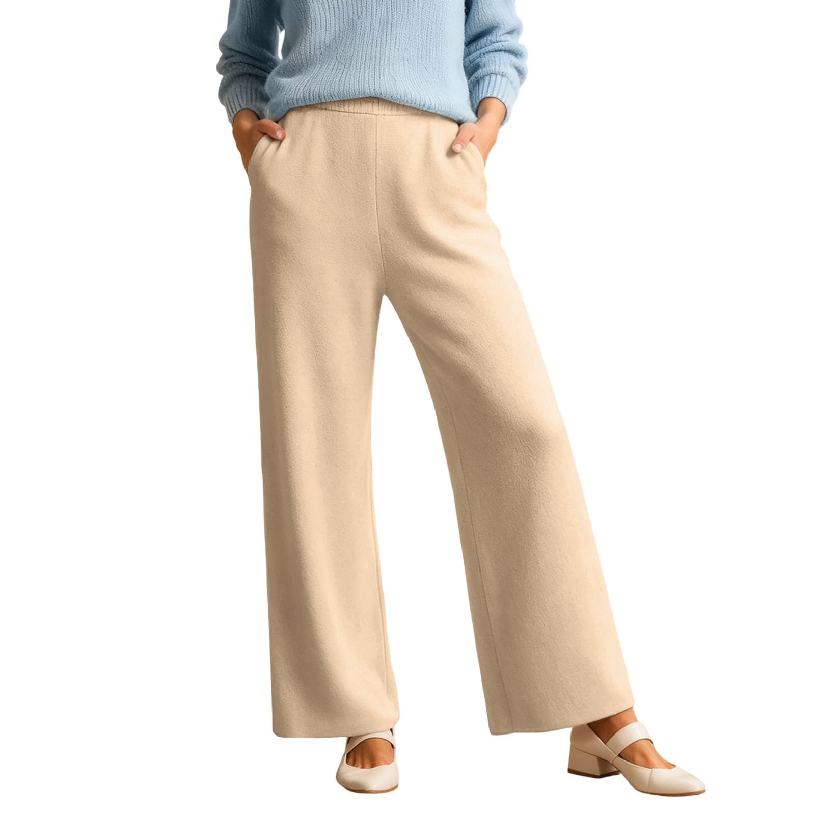 Generisch Pantaloni da donna in lana con gamba larga, per autunno e inverno, a vita alta, per il tempo libero, elasticizzati, in tessuto, da lavoro, lisci, eleganti