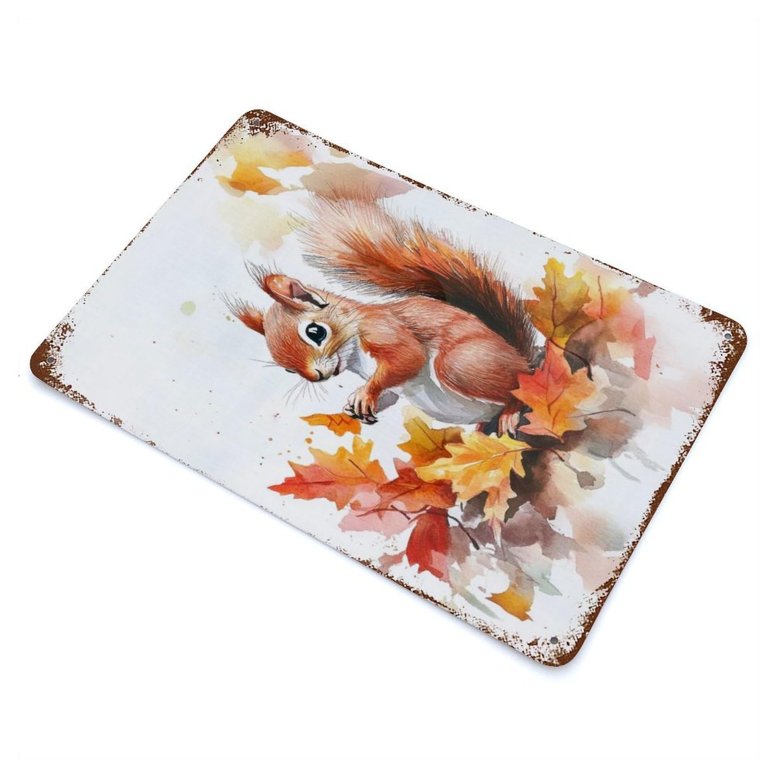 Garage Style Squirrel in Autumn Leaves Rustic Tin Plaque 11.8"x7.9", Classic Wall Plaque for Bar And Workshop