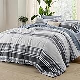 Bedsure Queen Comforter Set 7 Pieces, Dark Grey Striped Bedding Set for All Seasons, Reversible, Cationic Dyeing Bed in a Bag with Comforter, Sheets, Pillowcases & Shams