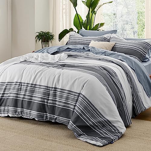 Image of Bedsure Queen Comforter Set 7 Pieces, Dark Grey Striped Bedding Set for All Seasons, Reversible, Cationic Dyeing Bed in a Bag with Comforter, Sheets, Pillowcases & Shams