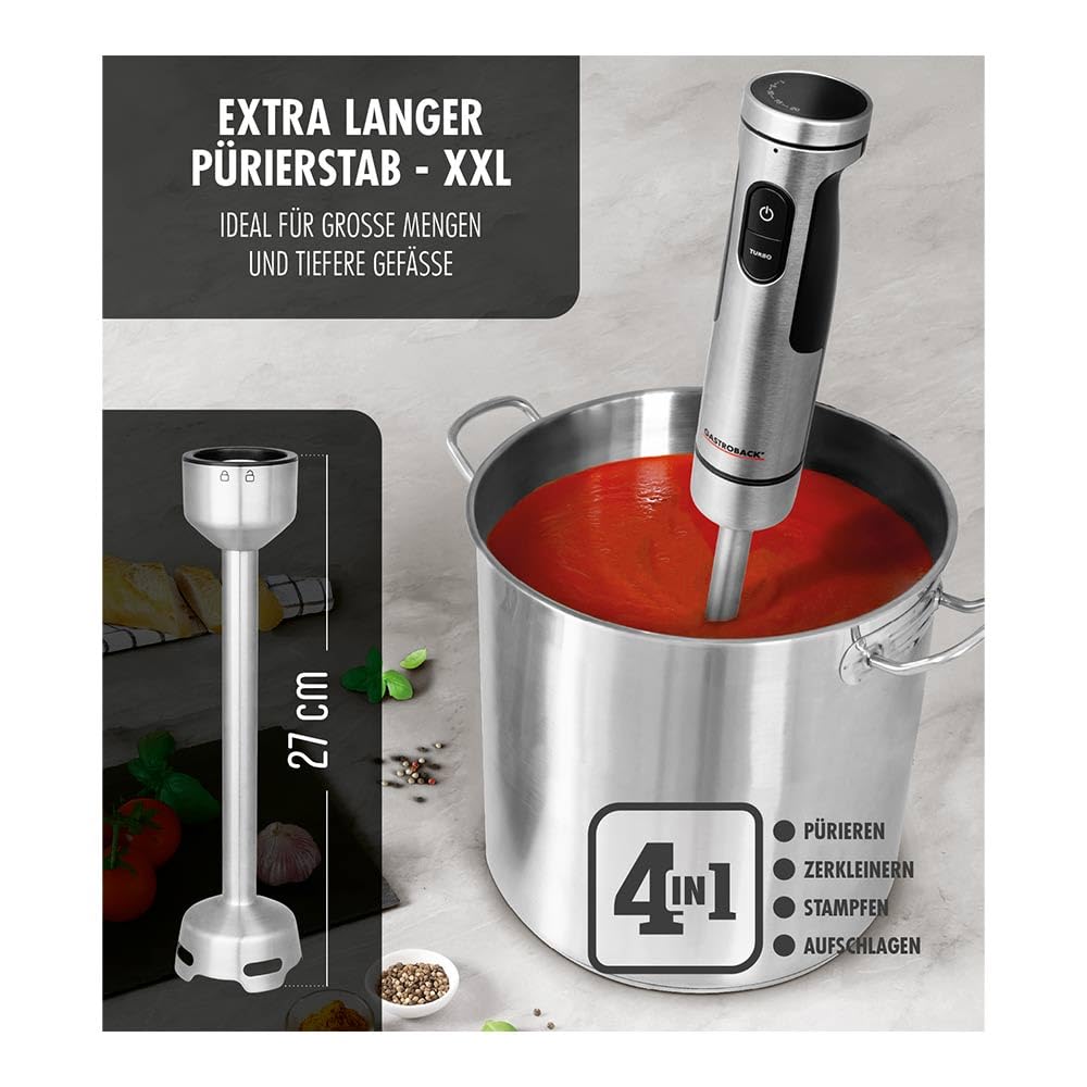 GASTROBACK Frullatore a immersione in acciaio inox, 1500 W, asta per purea con 2 accessori per miscelare, pestello, frusta, 20 livelli e turbo con rivestimento in titanio a 4 coltelli, lavabile in