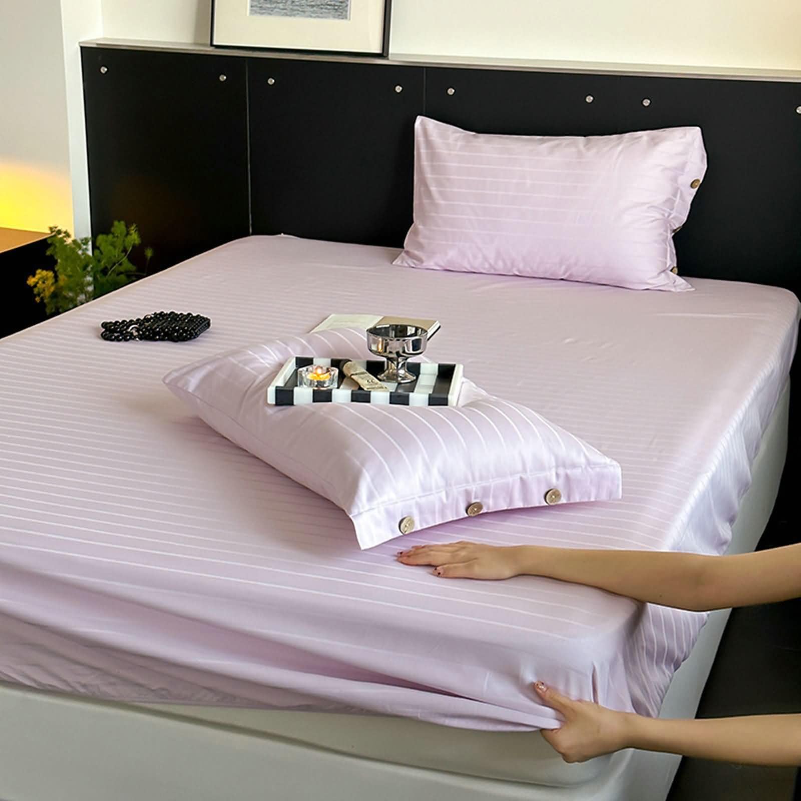 Spannbetttuch Doppelbett mit Gummizug Baumwolle, Streifen Muster, 150 x 200 cm, Spannbettlaken Doppelbett Hellviolett
