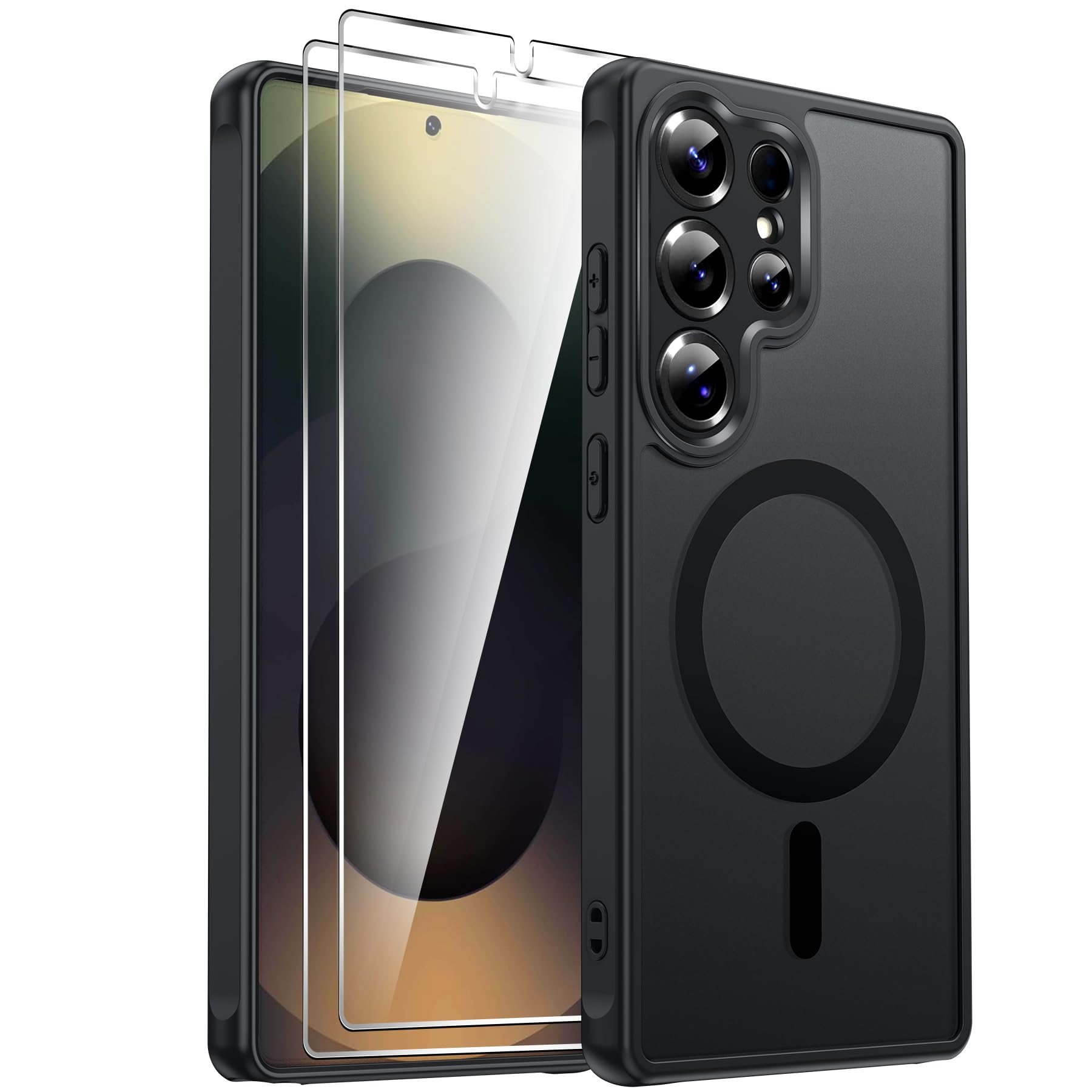 LeYi Cover Magnetica per Samsung S25 Ultra 5G con 2 x Vetro Temperato, Custodia per Galaxy S25Ultra Traslucida Opaca Anti-Impronte Resistente ai Graffi Paraurti in TPU Antiurto Protettiva Case, Nero