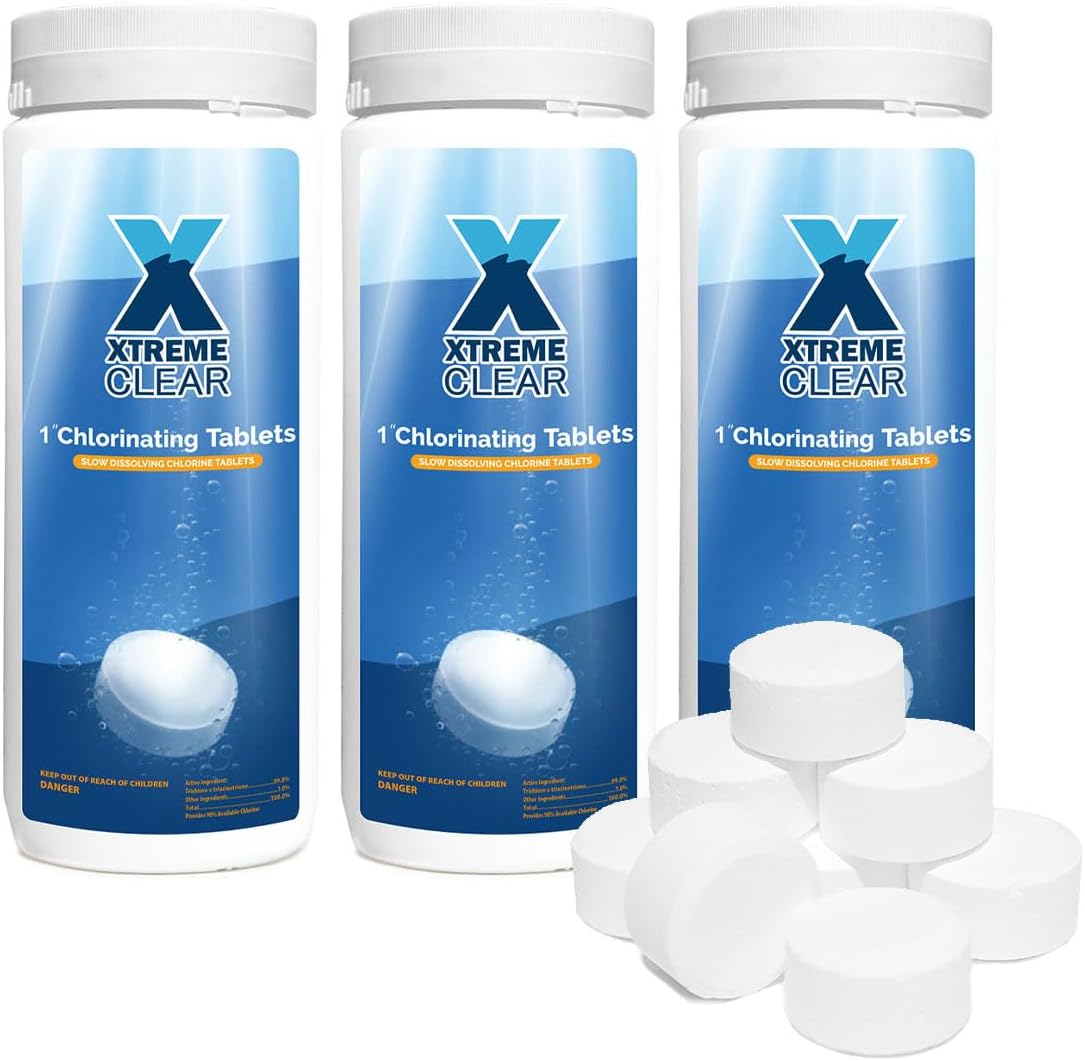 XtremeClear Summer Deal 3 Pack 1" Chlorine Tabs, Long-Lasting Stabilized, Sanitizer Slow Dissolving Tablet, Above Ground Swimming Pool, Hot Tubs & Spa, 1.5 lbs