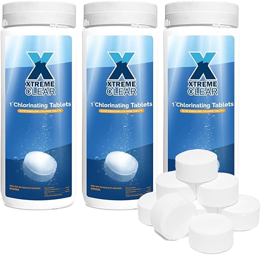 XtremeClear Summer Deal 3 Pack 1" Chlorine Tabs, Long-Lasting Stabilized, Sanitizer Slow Dissolving Tablet, Above Ground Swimming Pool, Hot Tubs & Spa, 1.5 lbs