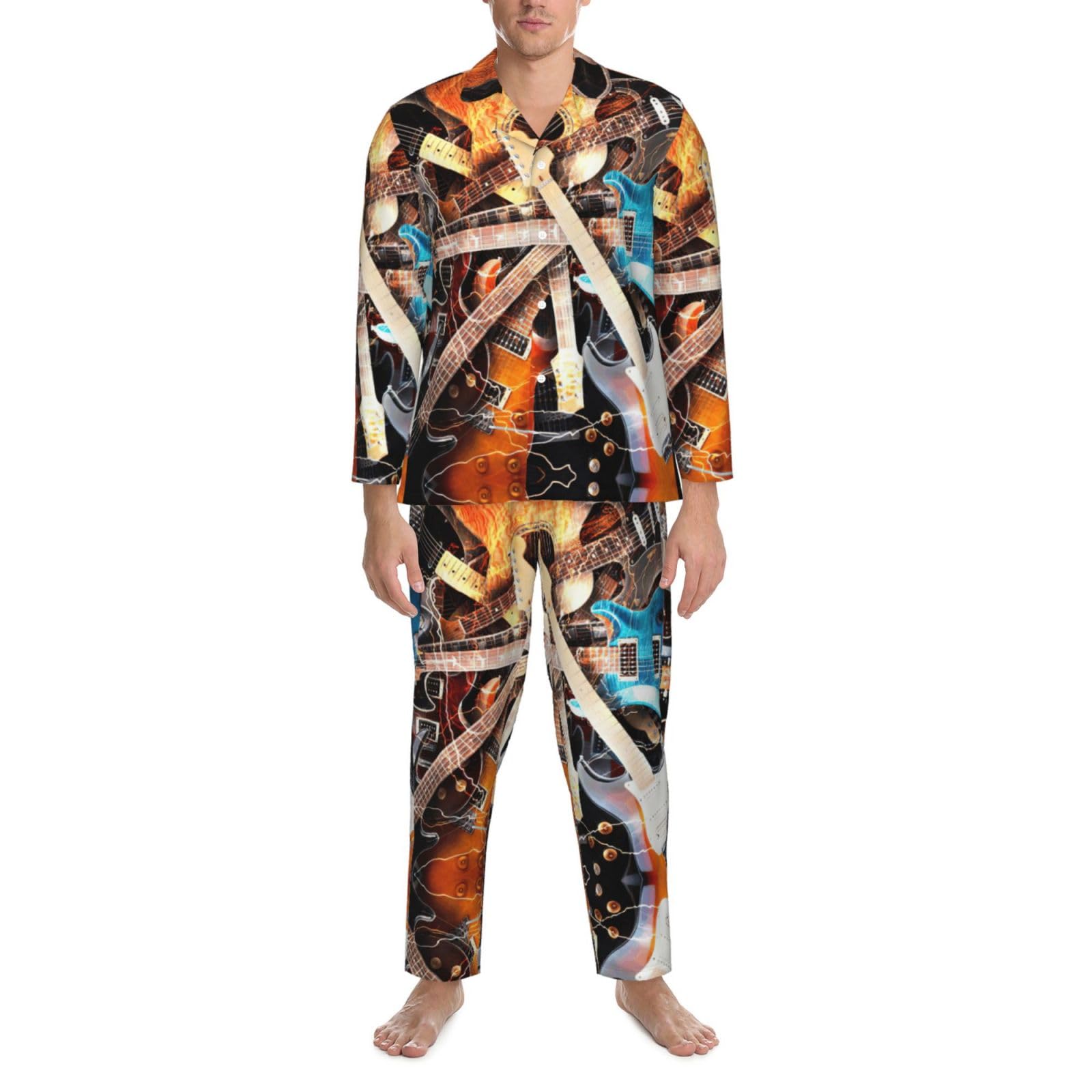 Conjunto de pijama para hombre con estampado de guitarra musical, pijama suave de manga larga con botones y bolsillos