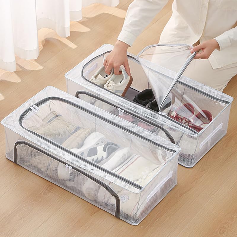 shoe storage box, foldable, plastic, stackable, under bed organiser with handle and zippers, space saving, for men and women, pack of 2