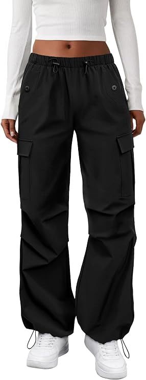 COPYLEAF Cargo Pants Women Elastic Waisted Parachute Hiking Pants with Pockets Water-Resistant Lightweight Baggy Pants
