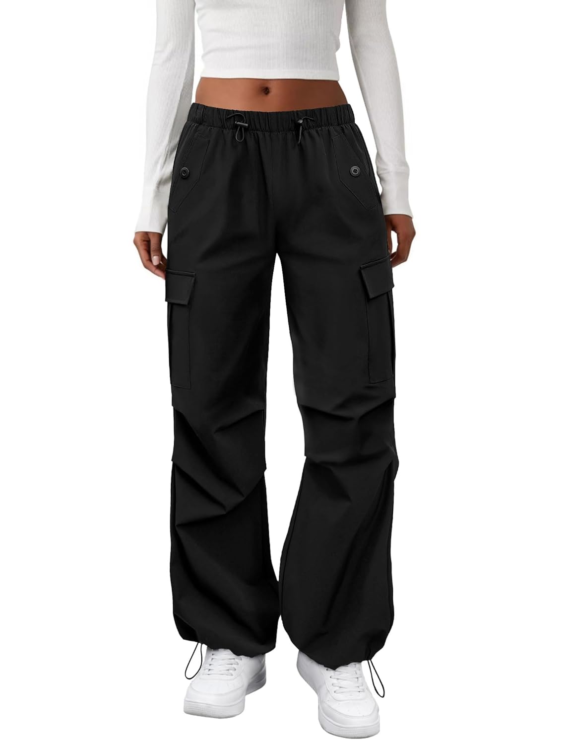 Cargo Pants Women Elastic Waisted Parachute Hiking Pants with Pockets Water Resistant Lightweight Baggy Pants