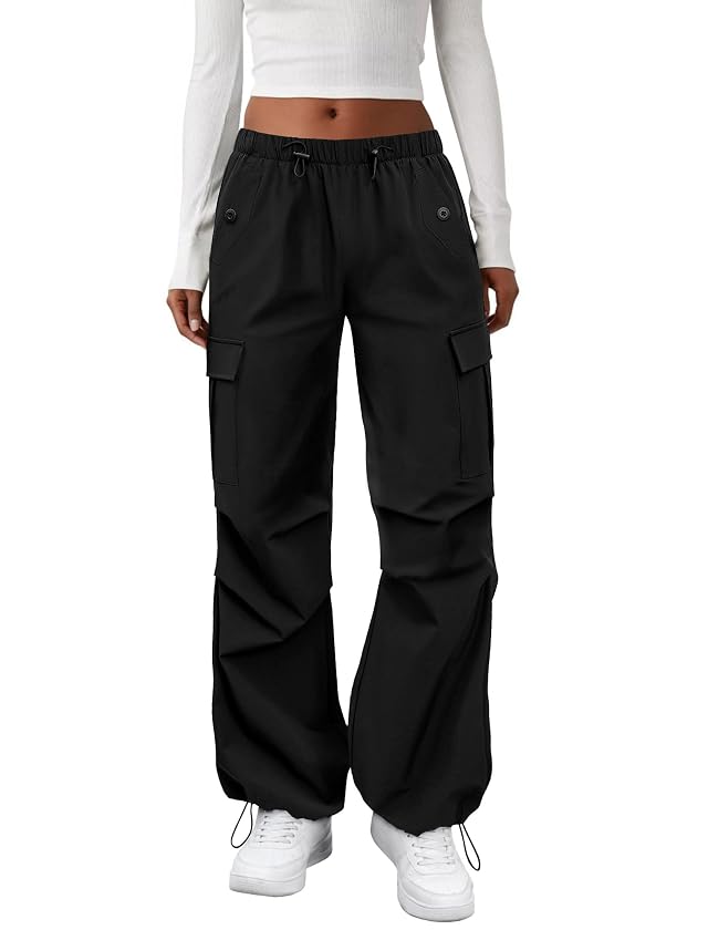 Cargo Pants Women Elastic Waisted Parachute Hiking Pants with Pockets Water Resistant Lightweight Baggy Pants