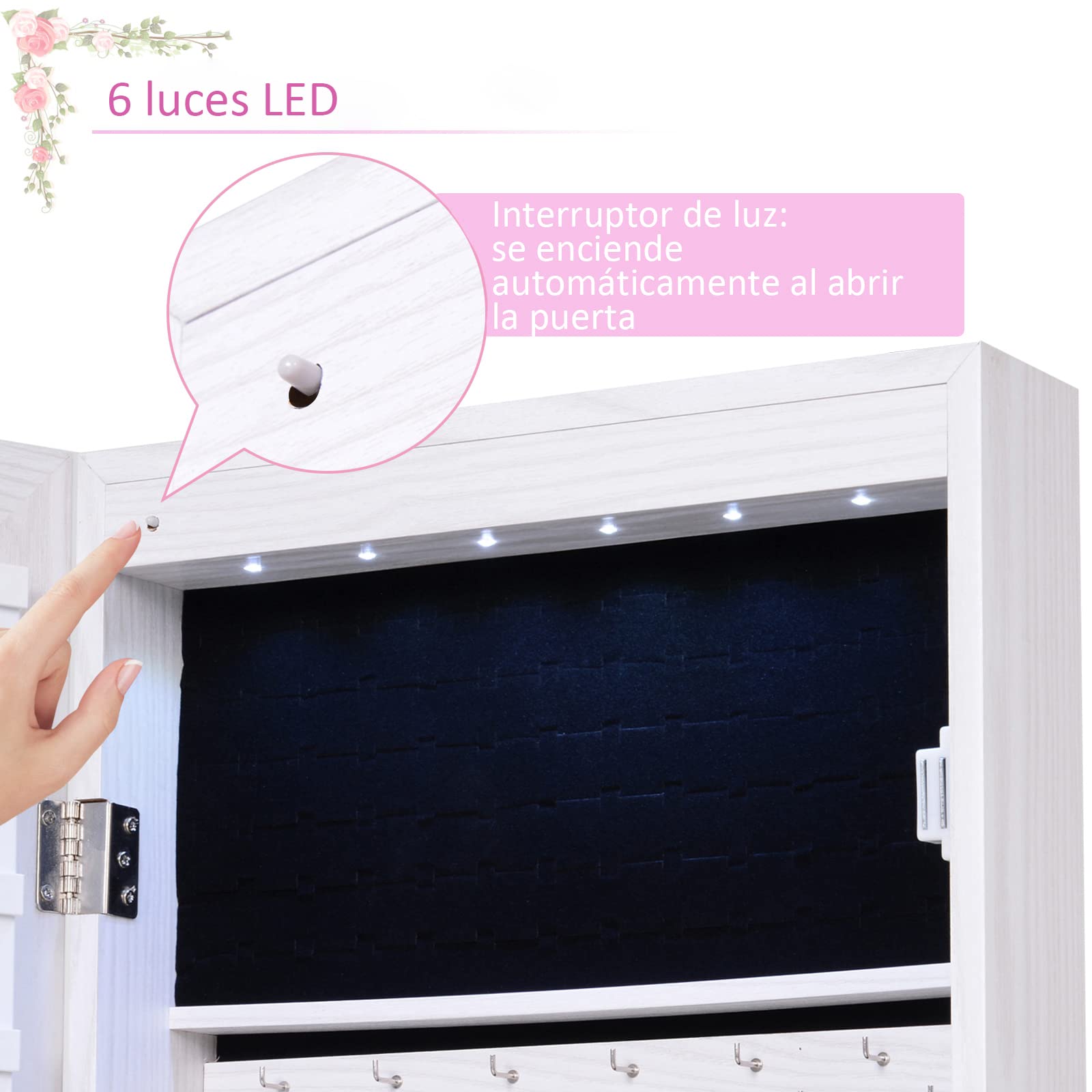 HOMCOM Espejo Joyero Colgante de Pared o Puerta con 6 Luces LED 5 Estantes 2 Cajones Pequeños Espejo Armario Montado con Cerradura para Dormitorio 37x120x10 cm Blanco