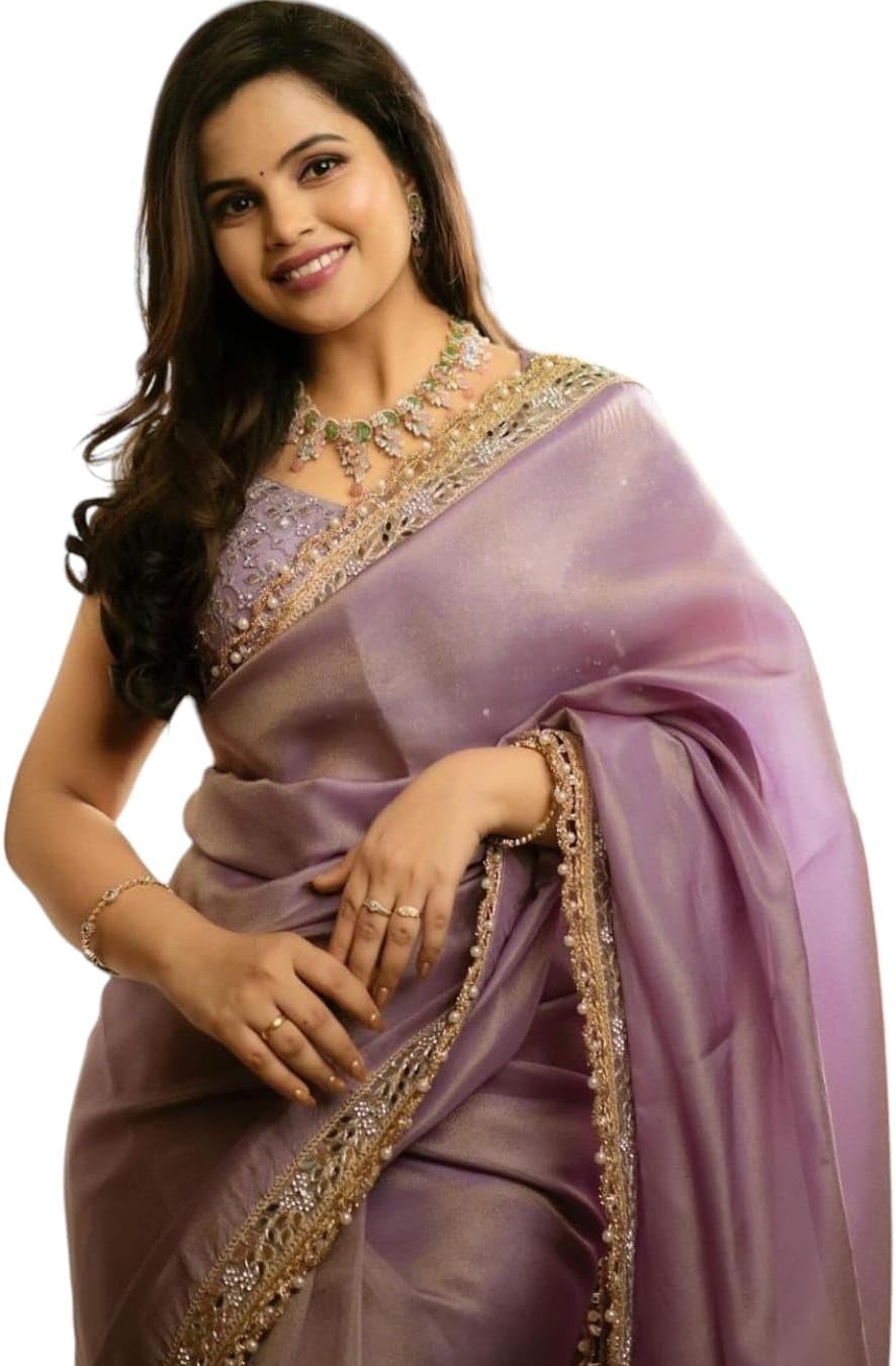 Women's Silver Tissue Silk Ethnic Saree With Unstiched Blouse Piece For Festival And Function.